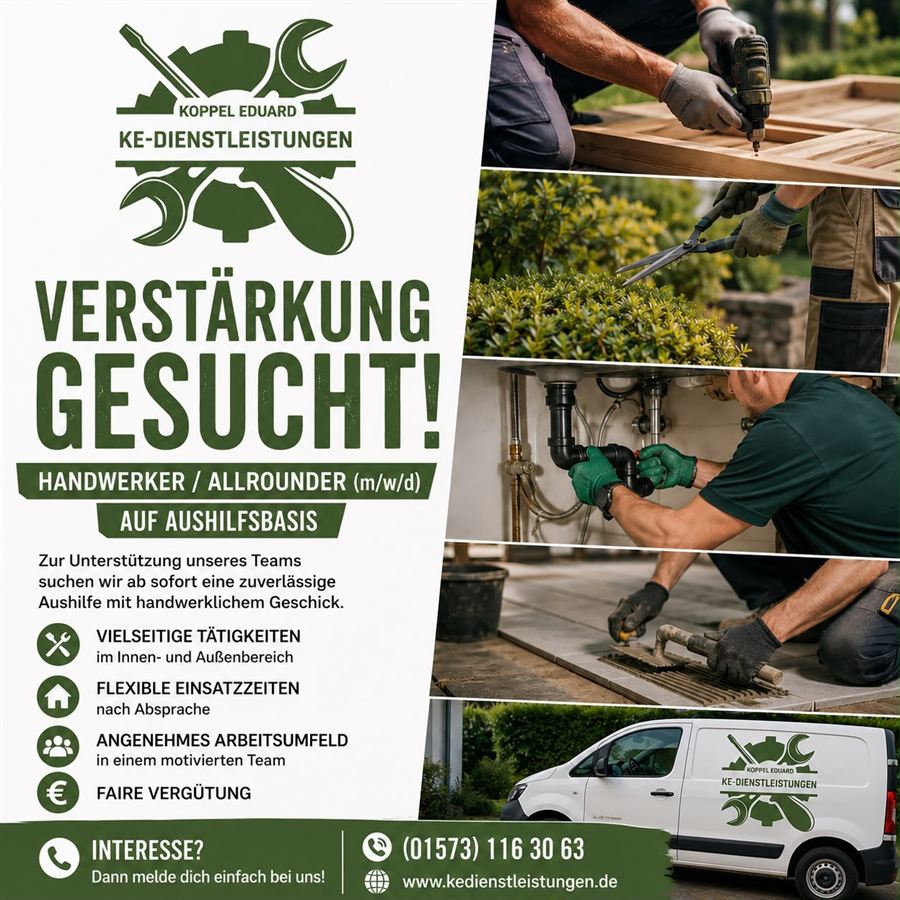 Stellenanzeige: KE-Dienstleistungen sucht einen Handwerker oder Allrounder als Aushilfe
